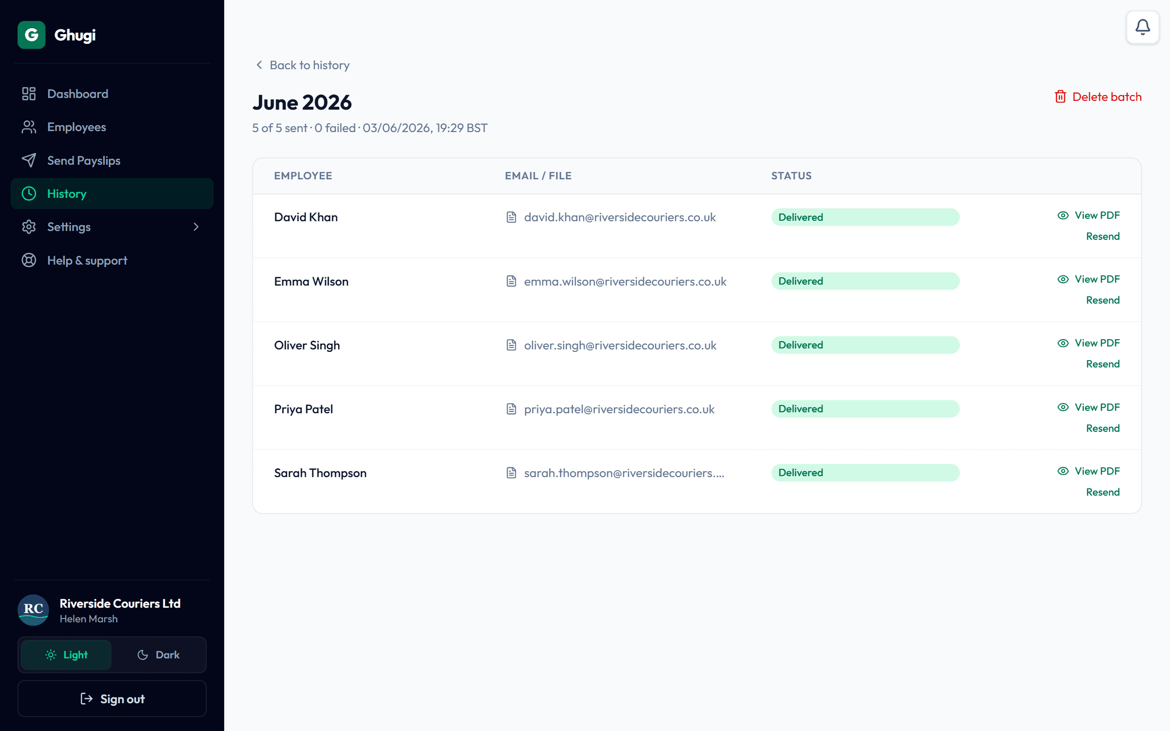Audit trail screen showing timestamped send-log entries with recipient email, status, and SMTP response