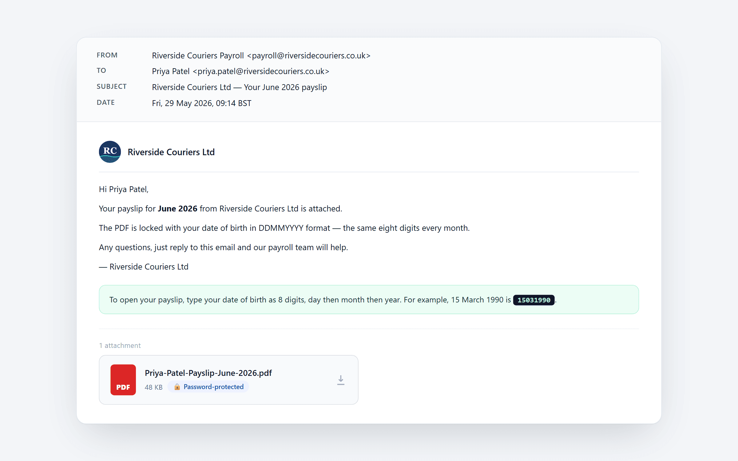 Branded payslip email from Riverside Couriers Ltd to Priya Patel: letterhead, body copy, locked PDF attachment, and date-of-birth password format explainer