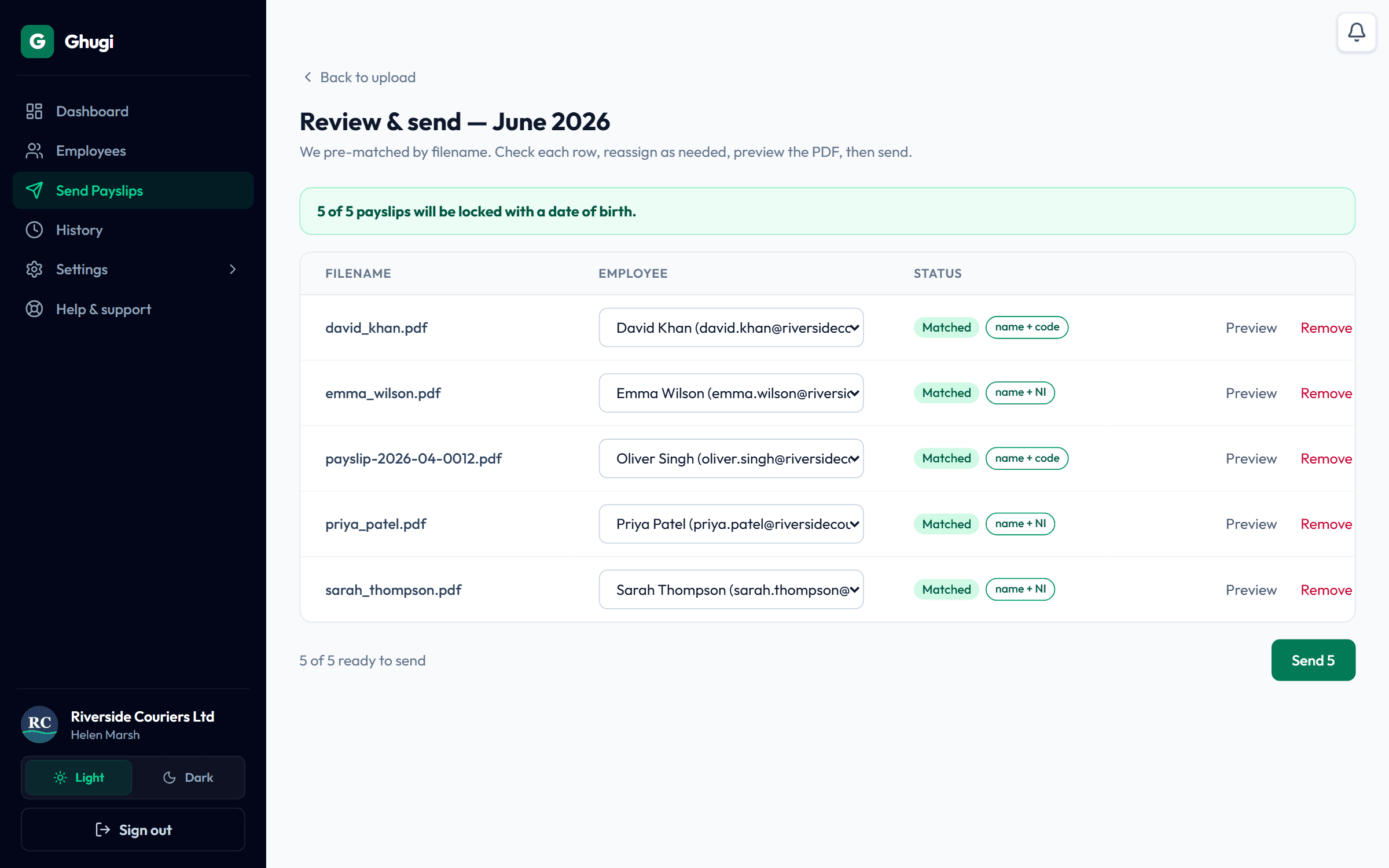 Review screen showing five payslips auto-matched to employees, each row confirming the two details that matched (name + NI, or name + employee code), with all five ready to send.