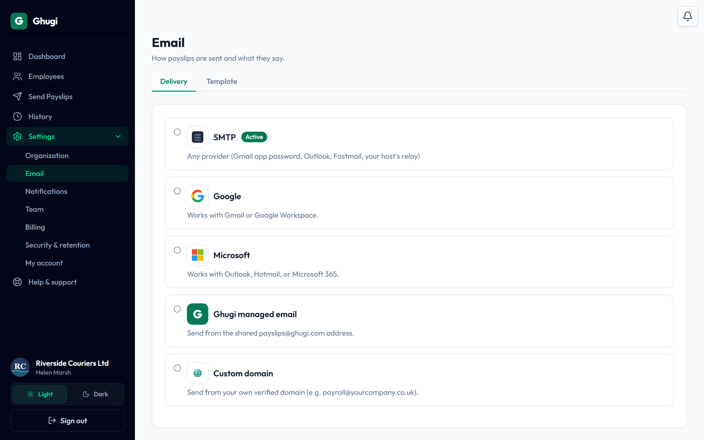 Email send-method picker showing five cards: SMTP active, Google one-click connect, Microsoft one-click connect, Ghugi managed email, and Custom domain