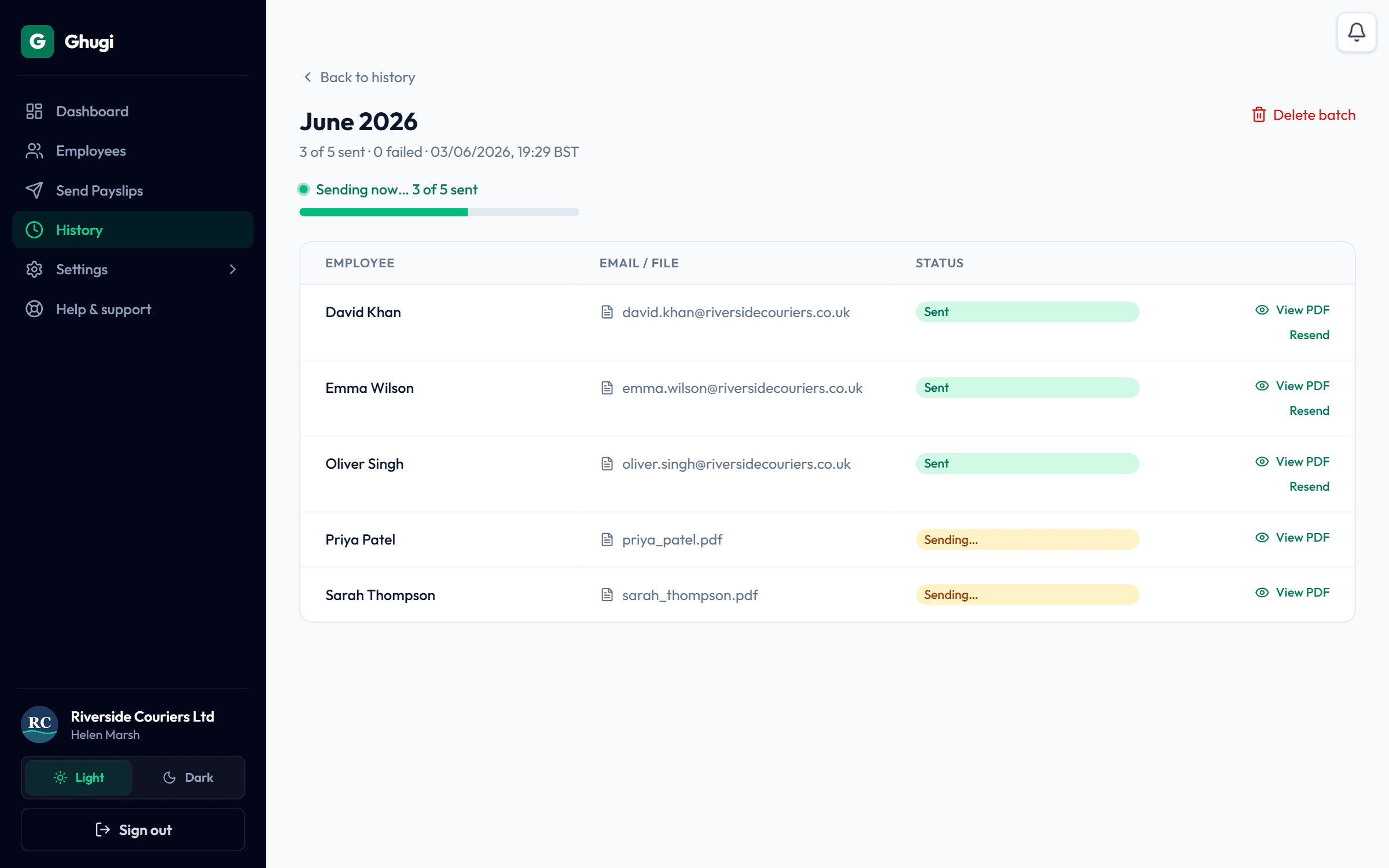 In-flight delivery screen showing progress bar, real-time status per payslip, and 3 of 5 sent