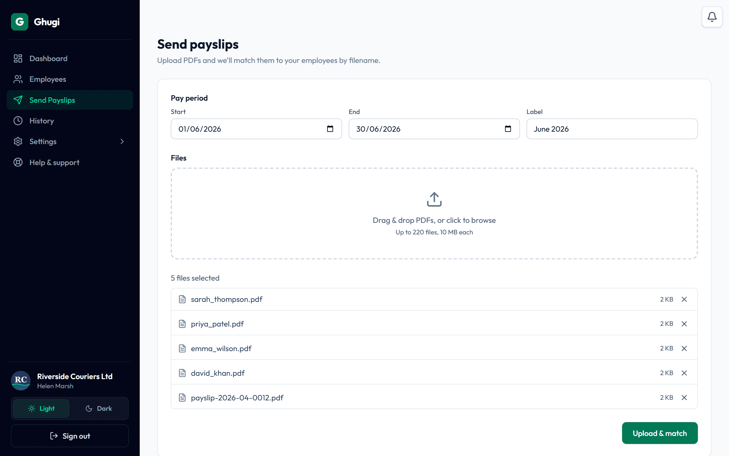 Upload screen showing drag-and-drop PDF dropzone with 5 payslip files ready for matching